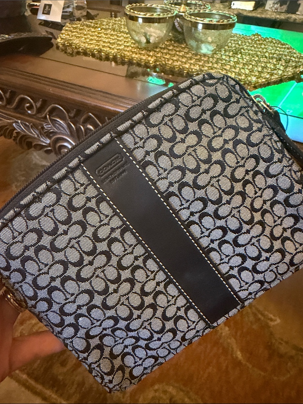 Coach Signature Jacquard Cosmetic Case in Gray and Black - Picture 3 of 10